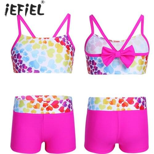 Kids Girls Heart-shaped Pattern Bowknot Crop Tops with Bottoms Workout Dancewear Gymnastics Swimsuit Swimwear Bathing Suit Sets