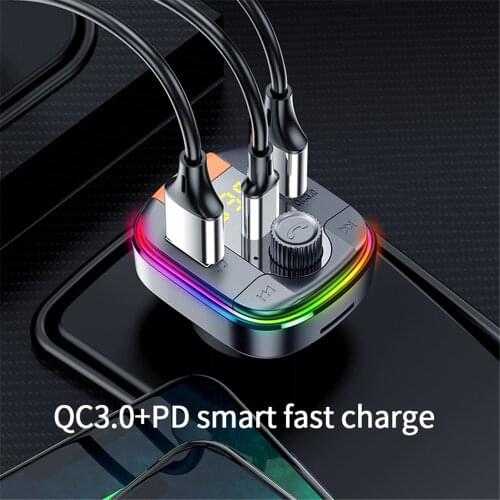 Handsfree Bluetooth 5.0 FM Transmitter Wireless Car Kit Mp3 Player PD USB Fast Charger Colorful Light Hands-free Car Kit