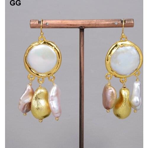 GuaiGuai Jewelry Natural Cultured White Coin Pearl Gold Color Plated Purple Keshi Pearl Dangle Hook Earrings For Women