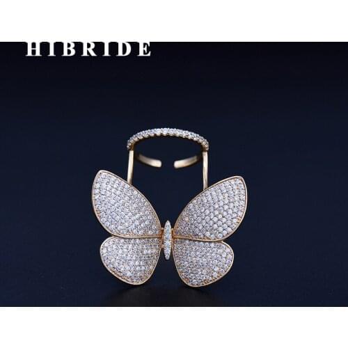HIBRIDE New Design Clear Butterfly Open Women Ring Micro Cubic Zircon Pave Gold-Color Rings Female Anillos Mujer R-176