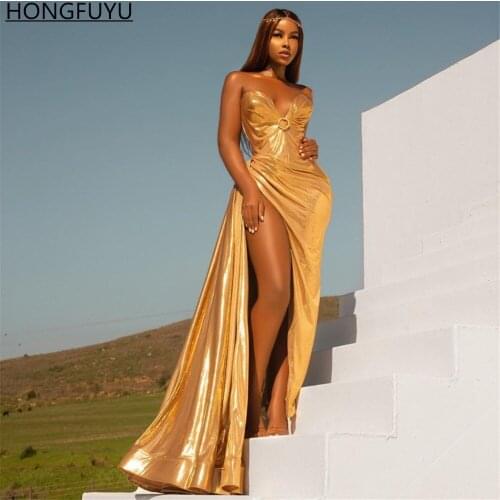 HONGFUYU Shiny Gold Sequined Evening Dresses Long Prom Party Gowns With High Side Slit платье на выпускной robes de soirée 2021