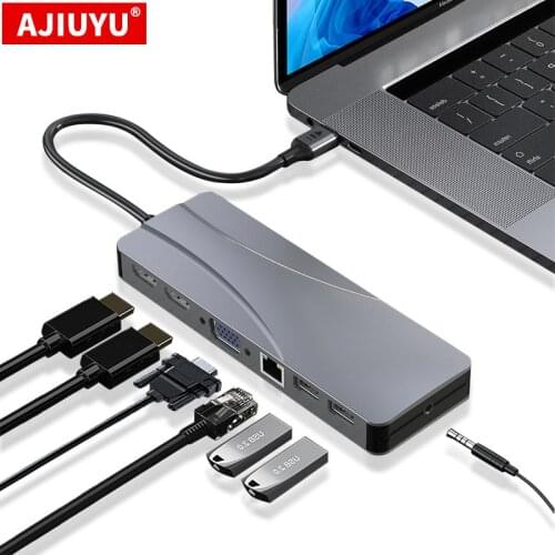 AJIUYU USB C Hub For Macbook Pro Air Triple Display Type C Hub to 4K Dual HDMI VGA Micro SD Card Readers RJ45 Aux PD USB Adapter