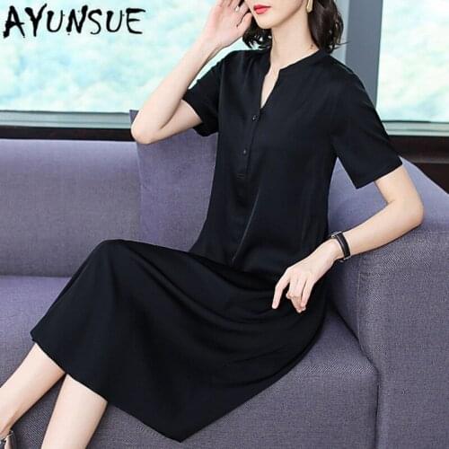 Ayunsue Silk Summer Dress Plus Size Dress Black Elegant Casual V Neck Dress for Women 4xl Sukienka Letnia 915078 Pph12