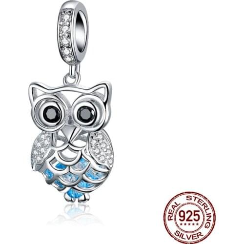 Genuine 100% 925 sterling silver owl necklace pendant fit bangle & bracelet charm for women fashion original beads jewelry DIY