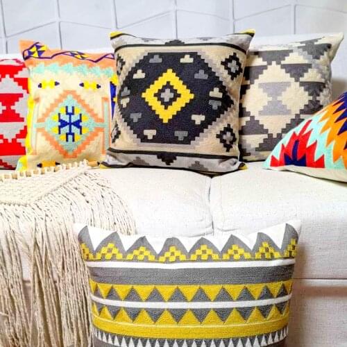 Kilim Style Embroidery Cushion Cover Geometric Aztec Pillow Case with Embroidered For Sofa Seat Simple Home Decor 45*45cm