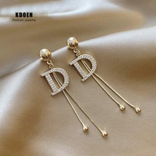 2021 New Zircon Inlaid D Letter Tassel Long Dangle Earrings For Woman Fashion Korean Jewelry Temperament Sexy Earrings For Girls