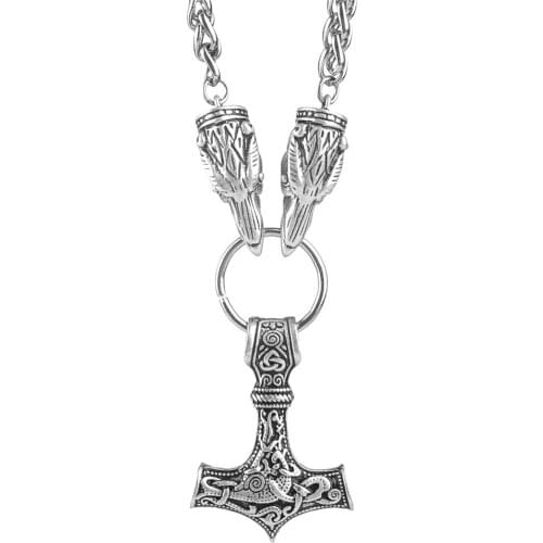 Viking Odins Raven Thors hammer mjolnir pendant necklace Men Ethnic Norse Pagan Jewelry Drop Shipping