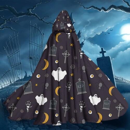 Ghost Skull Grave Design Hooded Cloak Long Cape for Halloween Coats Outwear Medieval Costume Witch Wicca Vampire Scary Costumes