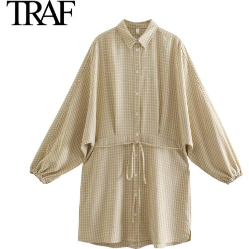 Traf Za Women Clothing Fashion Bandage Button Shirt Dress Bat Sleeve Loose Plaid Dress Mini Dresses Vestidos Mujer
