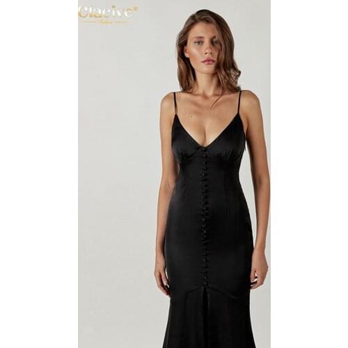 Clacive White V-Neck WomenS Dresses Sexy Strap Satin Bodycon Midi Dress Elegant Slim Single-Breasted Party Dresses For Women