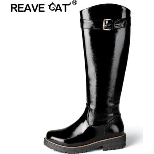 REAVECAT Autumn Winter Motorcycle Knee-high boots Round toe Square heels PU Zipper Buckle Big size 34-43 Black White Club A3156