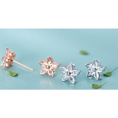 MloveAcc Cherry Blossom Crystal Stud Earrings 925 Stelring Silver Clear Flower Ear Studs Korean Wedding Statement Jewelry