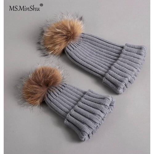 MS.MinShu Hat With Fur Pompom Parent-Child Fur Hat Fox Fur Pompom Hat Winter Beanies with Real Fur Bobble Hat