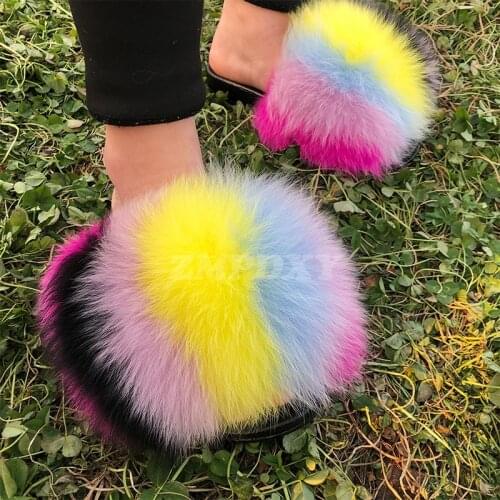 Fur Slides For Women Indoor Outdoor Fashion Fluffy Plush Real Fox Fur Slippers Luxury Fuzzy Shoes Beach Furry Sandals Flip Flops