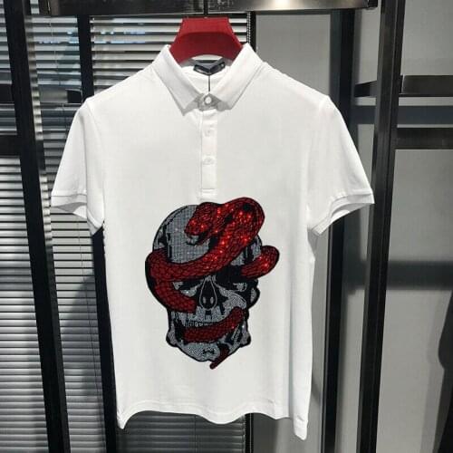 High Elasticity Super Rhinestone Shining Male Polo Shirt Skull Lapel Base Sweat-Absorbent Mens Top Jogging New Short-Sleeved