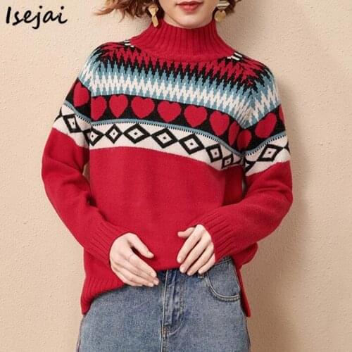 Long Sleeve Mock Neck Sweater Womens Vintage Knitted Sweater Woman Autumn Winter Pullovers Jumper