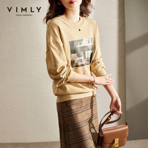 VIMLY Vintage sweatshirt women autumn and winter 2021 new Streetwear round neck Printed loose Korean Hoodies top Female F8931