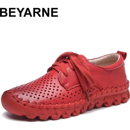 BEYARNE Summer Women Casual Shoes Hand Cut Outs Genuine Leather Hollow Shoes Floral Breathable Platform Flat Shoe sapato feminin