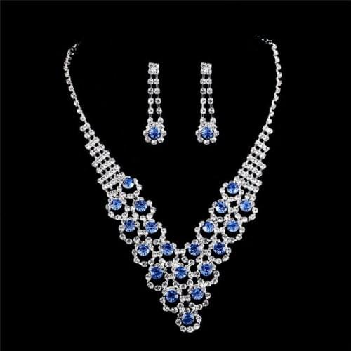 Vintage Female Crystal Stone Jewelry Set Charm Silver Color Flower Dangle Earrings For Women Simple Bride Wedding Chain Necklace