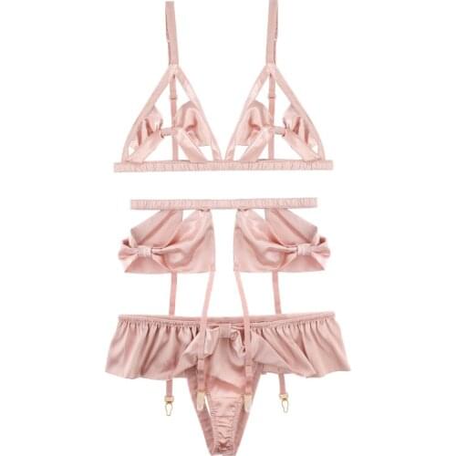 Yhotmeng new Pink Hollowed Sexy Ultra Thin Cup Bow Tie bra Panty Underwear Garter Belt Set