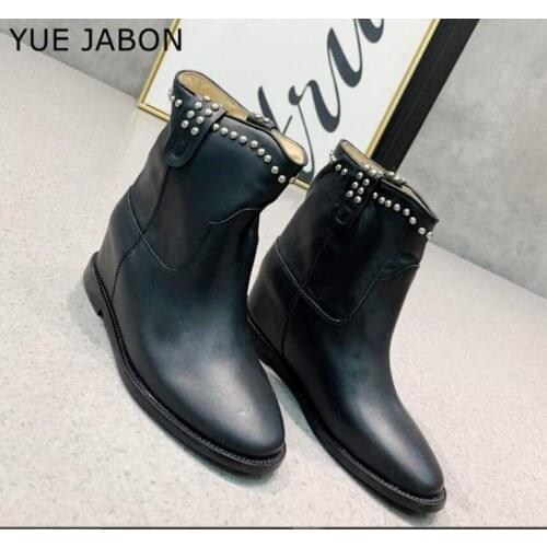 Rivets Ankle Boots Women Genuine Cow Leather Slip On Round Toe Lady Booties Autumn Winter Flat Heel/Height Increasing Heel Shoes