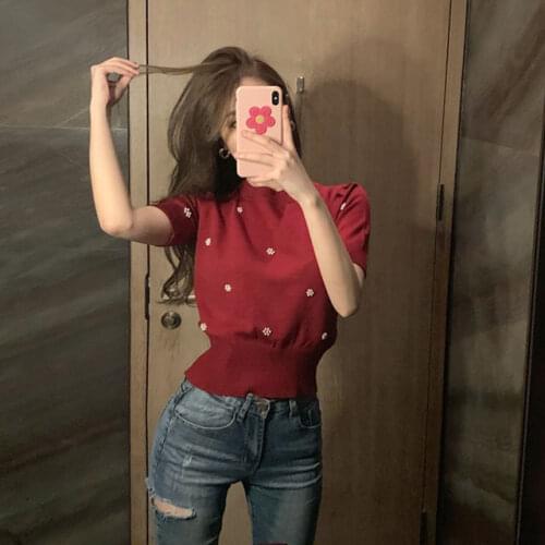 Woman TShirts Short Summer Beaded Slim-Fit Knitted Top Short-Sleeved T-shirt Crop Top Mujer Camisetas