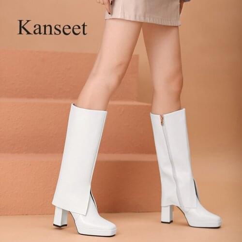 Kanseet Women Knee-High Boots 2021 Autumn Winter New Fashion Square Toe Zip 9cm High Heels Slim Female Long Boots Platform Shoes