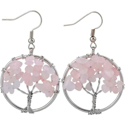 TUMBEELLUWA Pink Quartz Crystal Chips Stones Tree of Life Dangle Hook Earrings,Handmade Wire Wrapped Jewelry for Women