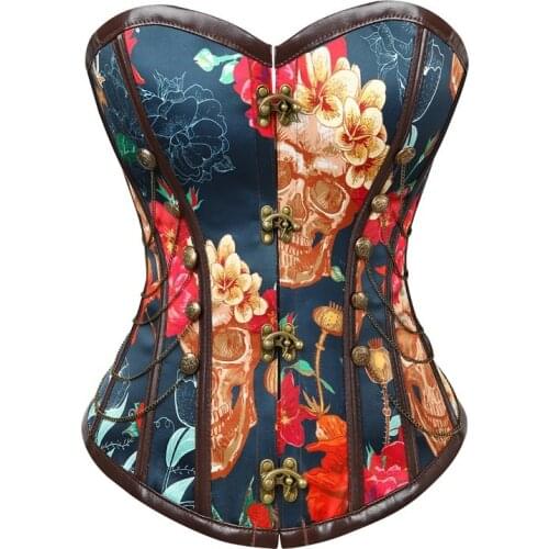 Floral Gothic Women Corset With Chains Slimming Waist Trainer Flower Print Overbust Shapewear Corselet Bustier Lady Shapers