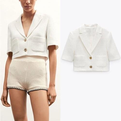 Za 2021 Textured Crop Female Blazer Summer Lapel Short Sleeve White Blazer Casual Elegant Lining Button Vintage Blazers Women