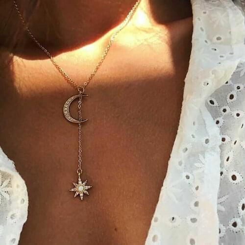 Gold Color Fashion Collar Pendant Chain Moon Statement Women Star Necklace Choker Long