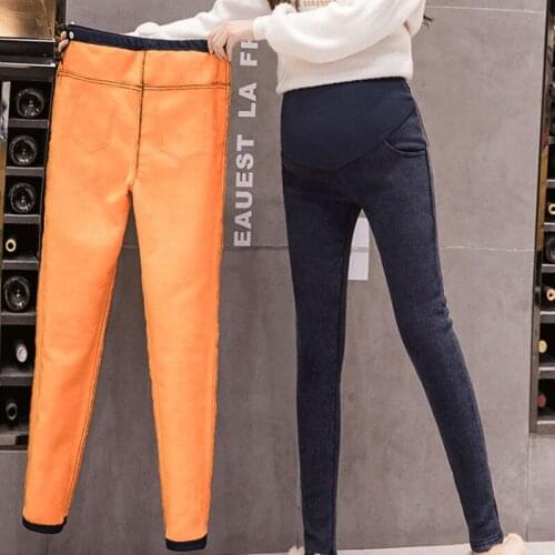 Winter Velet Maternity Jeans Clothes Warm Thickened Pregnancy Wear Pants Black Blue Belly Support Denim Jeans For Pregnant Women
