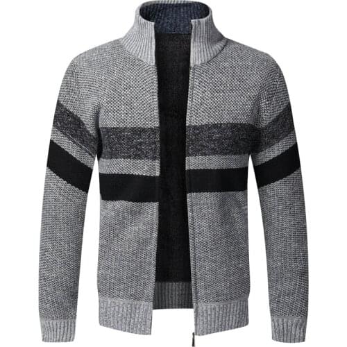 Winter Warm Striped Sweater Men Cardigan Coats Casual Stand Collar Sweatercoat Cashmere Fleece Knitted Zipper Jackets Sweaters