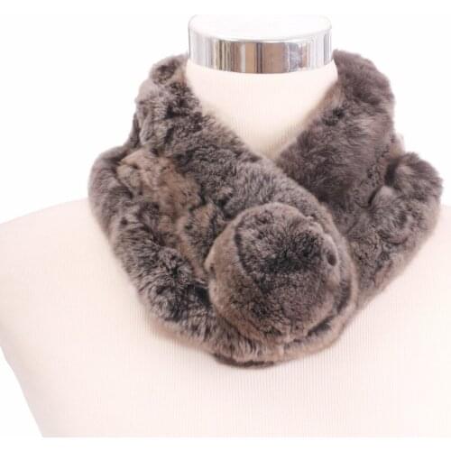 ZY86007 Winter Hot Sale Women And Girls Fashion Lovely Knitted Real Rex Rabbit Fur With Pompon Neck Scarf Fur Accessory Rings