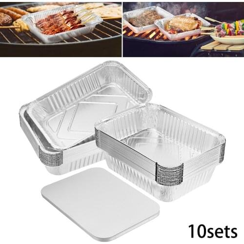 10 pcs Aluminum Foil BBQ Box Trays Mold Disposable Roasting Baking Tray +Lid Disposable BBQ Boxes 22.4*17.5*4cm 930ML Drip Pans