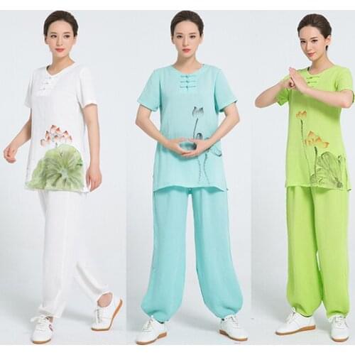 2018 New Product Linen Kung Fu Clothes Hand Painted Short Sleeve Tai Chi Clothing Women Uniform 7 Colors