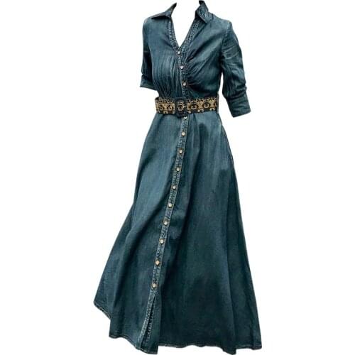 2021 Spring Autumn Vintage Denim Dress Women hlaf sleeve Slim Jeans Dresses Fashion v-neck Dress with Belt