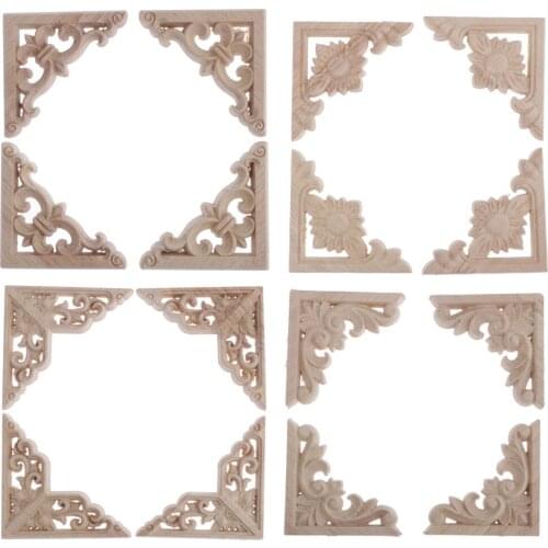 4sets Unpainted Wood Carved Corner Onlay Frame Applique For Furniture Decors