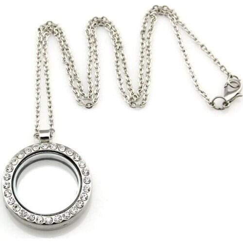 5pcs Round Magnetic Crystal Glass Living Memory Floating Charm Locket Pendant Necklace 20"