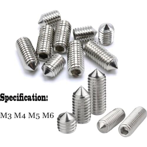 50pcs 304 stainless Hex hexagon socket set screw cone point grub screw M3 M4 M5 M6 steel set