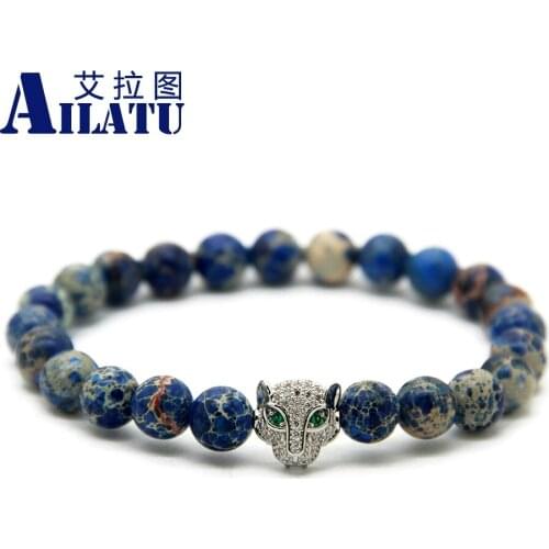 Ailatu 10pcs Men Jewelry Wholesale 8mm Sea Sediment Stone Micro Zircon inserts Leopard Head Bracelet