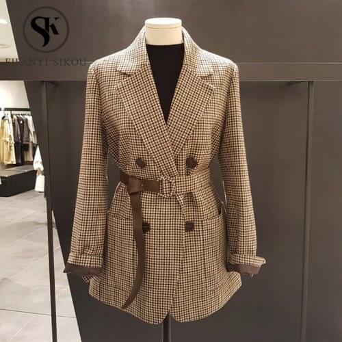 High quality Woolen Blazer Women Autumn Winter Formal Blazers Lady Office Suit Jackets Coat Women Plaid Blazer Jacket With Belt