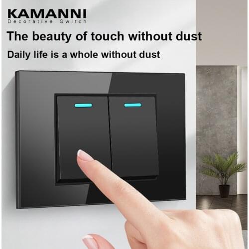 KAMANNI Tempered Glass Minimalist style 118 Type wall Light Switch Socket Black 2Way Switch 114x72mm AC 110-250V For lighting