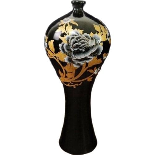 Chinese Old Porcelain Black Gold Glaze Floral Pattern Plum Bottle Vases