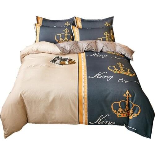 220x230cm Luxury Crown Cotton Print 4 Pcs Comforter Bedding Sets Thick Brushed Duvet Cover Bed Sheet Queen King Size