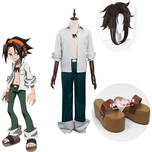 Anime Shaman King The Super Star Yoh Asakura Cosplay Costume Shirt Pants Suit Neaklace cosplay Shoes wig Halloween Costumes