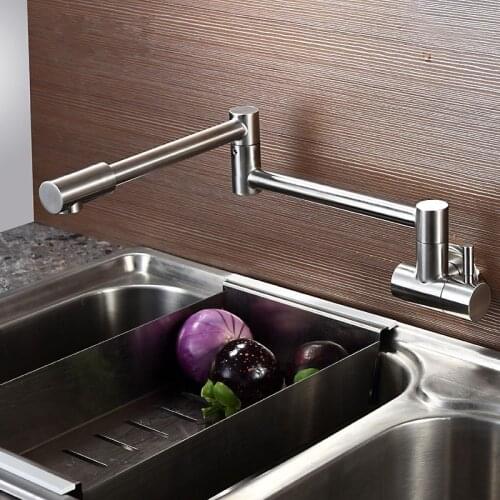 Brushed Finish Lead-Free Articulating Stainless Steel Kitchen Faucet,Wall Mount 1/2-Inch IPS,360 Degree Rotating Aerator
