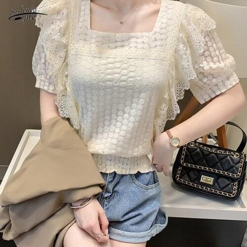 Summer new design, sweet unique lace niche lace hollow square collar Ruffled short-sleeved all-match shirt top 15909