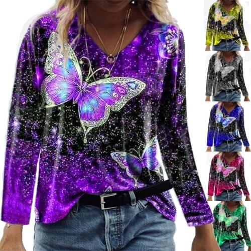 Fashion Womens T-Shirt V-Neck Long Sleeve Tops Butterfly Print Female T-Shirt Streetwear Casual Tee Ladies Pullover Tops