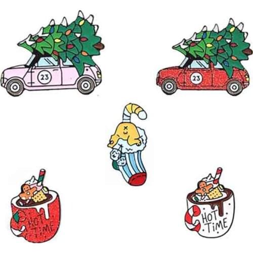 Fashion Jewelry Cute Enamel Pin Metal Car Cup Candy Socks Christmas Tree Brooch Set Badge Pin Christmas Brooches For Women Gifts